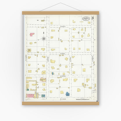 Old map wall art mockup — magnetic wood frame on white wall — Sanborn Fire Insurance Map from Comanche, Comanche County, Texas (1908), Sheet #0003