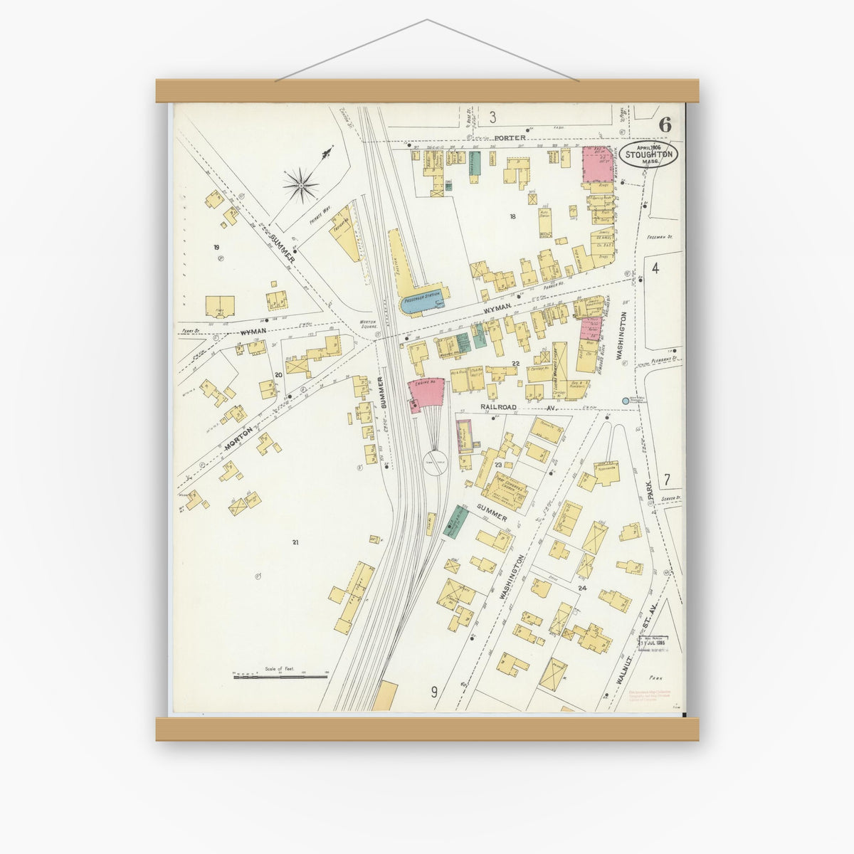 Old map wall art mockup — magnetic wood frame on white wall — Sanborn Fire Insurance Map from Stoughton, Norfolk County, Massachusetts (1906), Sheet #0006
