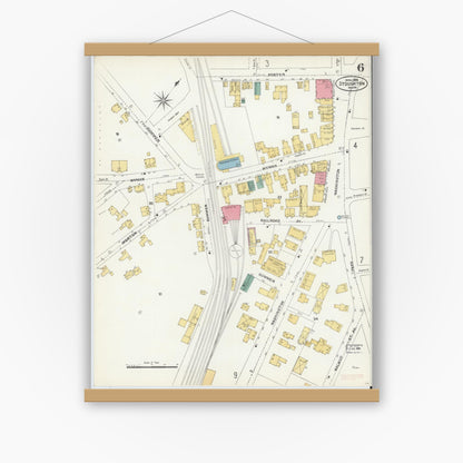 Old map wall art mockup — magnetic wood frame on white wall — Sanborn Fire Insurance Map from Stoughton, Norfolk County, Massachusetts (1906), Sheet #0006