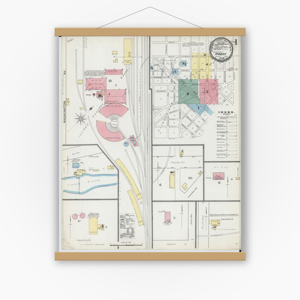 Old map wall art mockup — magnetic wood frame on white wall — Sanborn Fire Insurance Map from Amboy, Lee County, Illinois (1892) - Complete Map Set