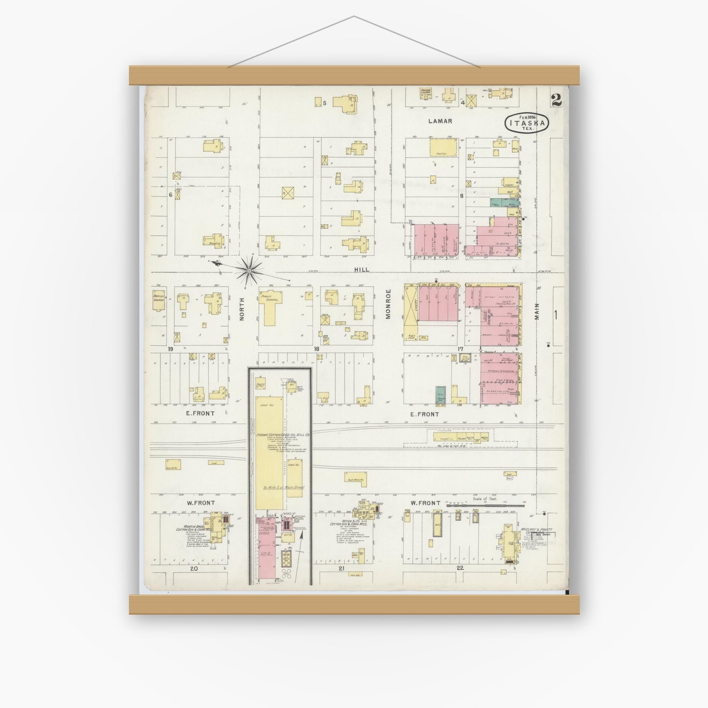 Old map wall art mockup — magnetic wood frame on white wall — Sanborn Fire Insurance Map from Itasca, Hill County, Texas (1896), Sheet #0002