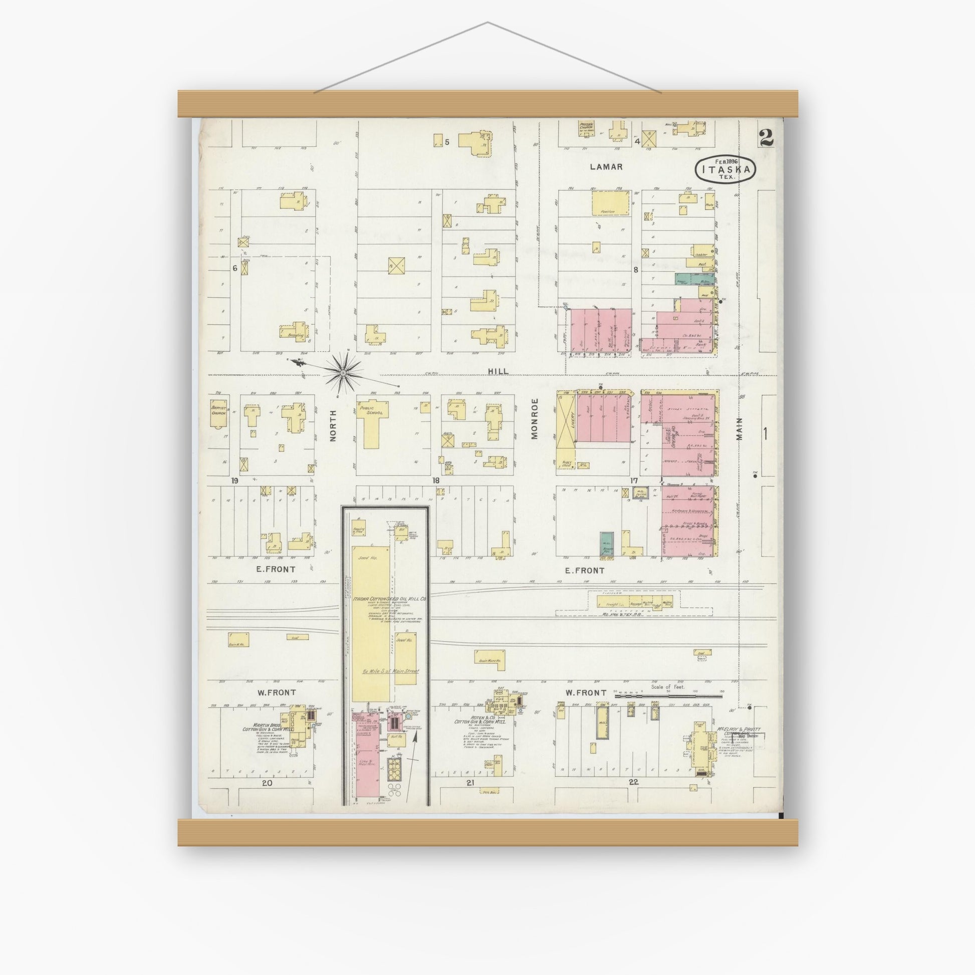 Old map wall art mockup — magnetic wood frame on white wall — Sanborn Fire Insurance Map from Itasca, Hill County, Texas (1896), Sheet #0002