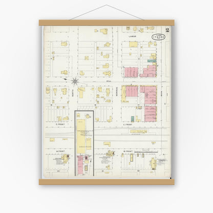 Old map wall art mockup — magnetic wood frame on white wall — Sanborn Fire Insurance Map from Itasca, Hill County, Texas (1896), Sheet #0002