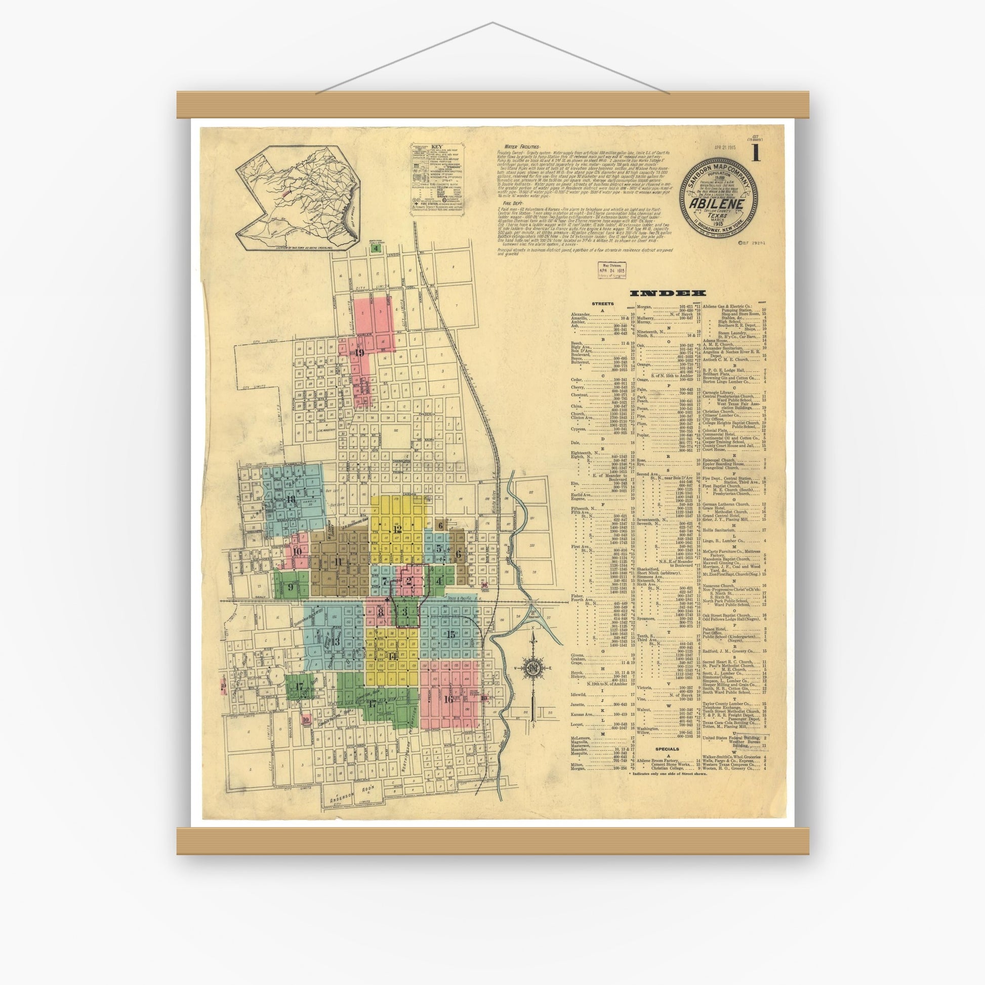 Old map wall art mockup — magnetic wood frame on white wall — Sanborn Fire Insurance Map from Abilene, Taylor County, Texas (1915), Sheet #0001