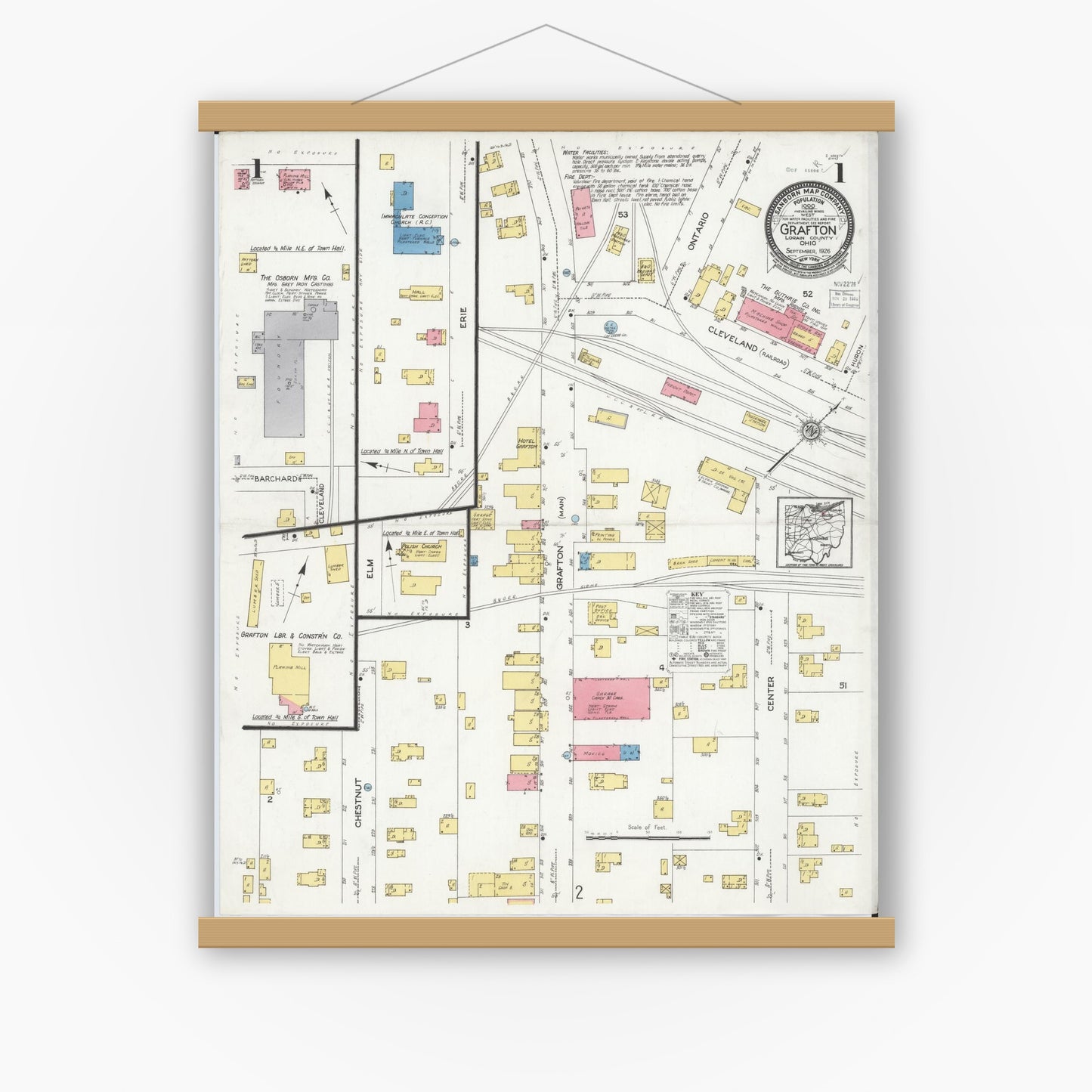Old map wall art mockup — magnetic wood frame on white wall — Sanborn Fire Insurance Map from Grafton, Lorain County, Ohio (1926), Sheet #0001