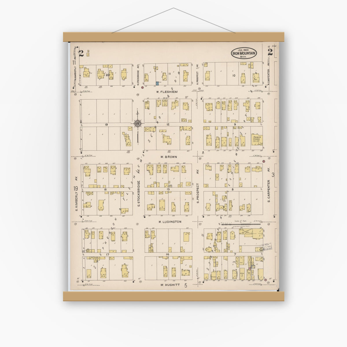 Old map wall art mockup — magnetic wood frame on white wall — Sanborn Fire Insurance Map from Iron Mountain, Dickinson County, Michigan (1923), Sheet #0002