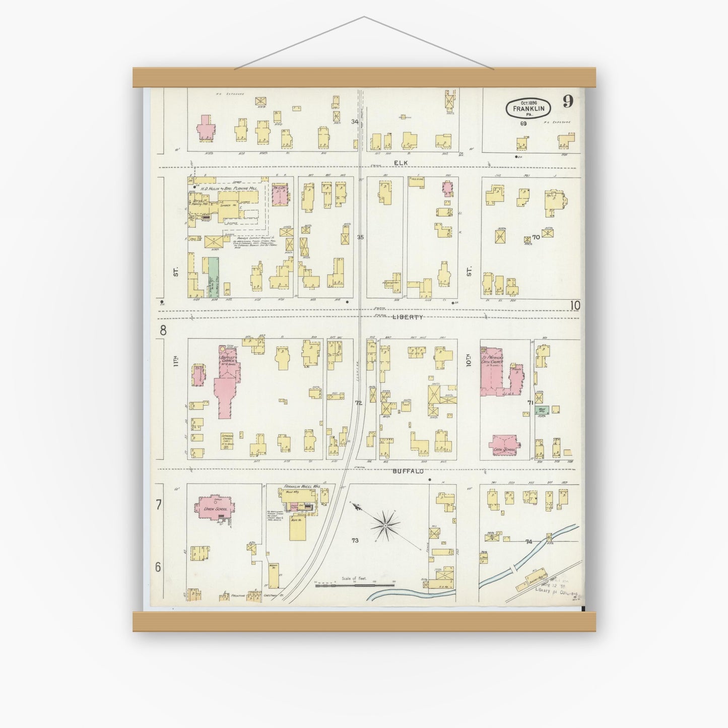 Old map wall art mockup — magnetic wood frame on white wall — Sanborn Fire Insurance Map from Franklin, Venango County, Pennsylvania (1896), Sheet #0009