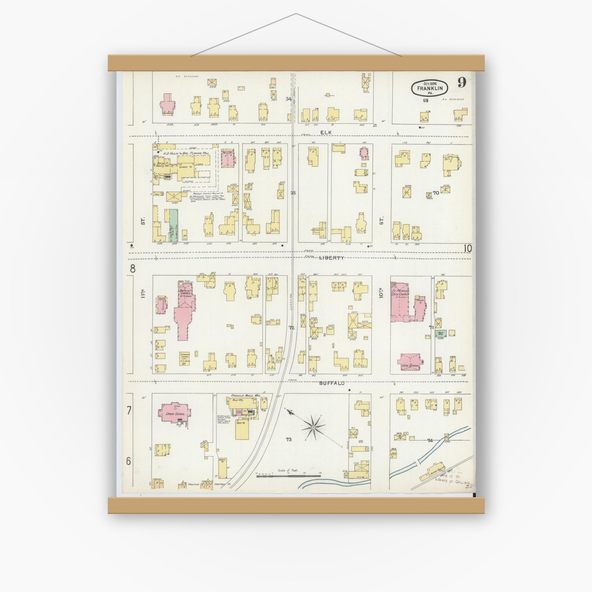 Old map wall art mockup — magnetic wood frame on white wall — Sanborn Fire Insurance Map from Franklin, Venango County, Pennsylvania (1896), Sheet #0009