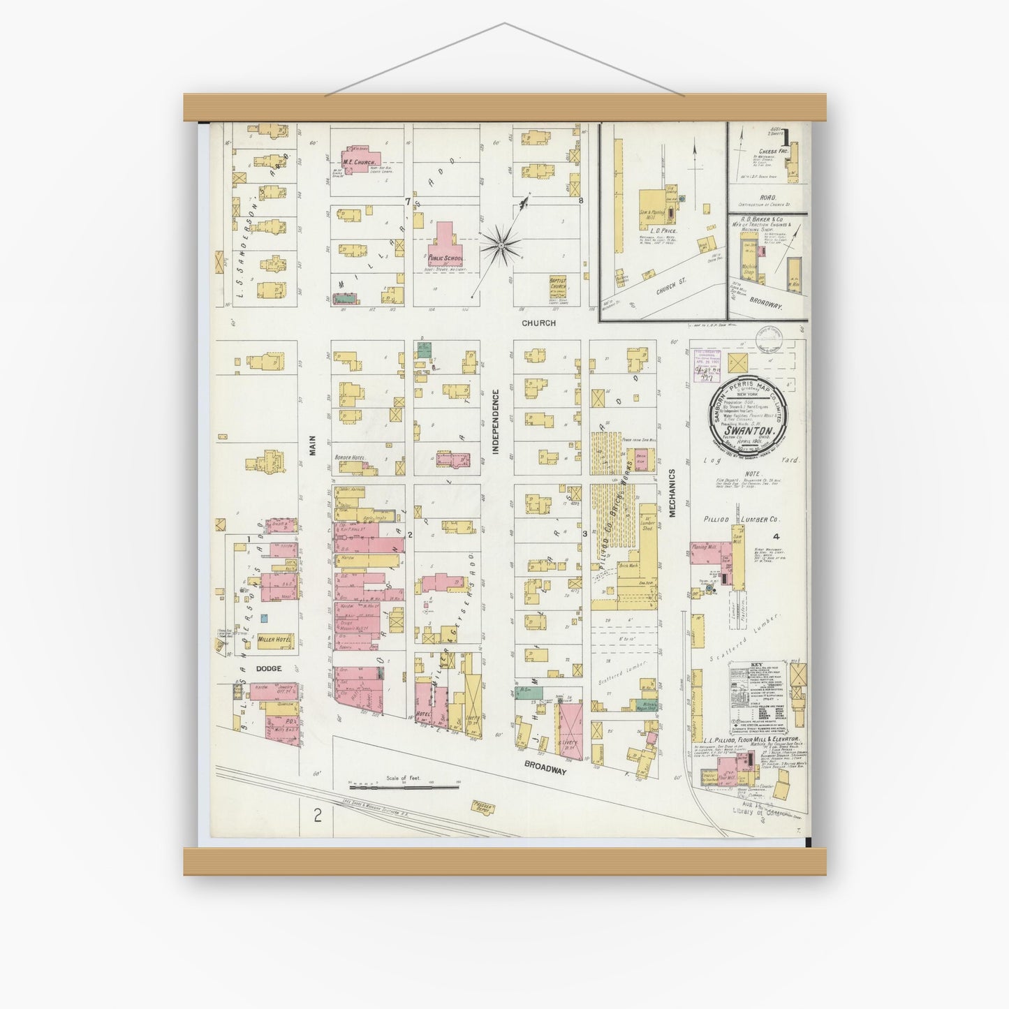 Old map wall art mockup — magnetic wood frame on white wall — Sanborn Fire Insurance Map from Swanton, Fulton County, Ohio (1901), Sheet #0001