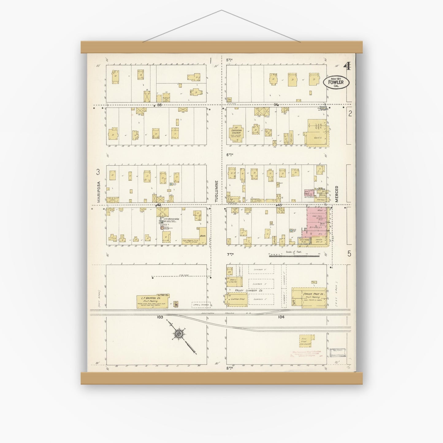 Old map wall art mockup — magnetic wood frame on white wall — Sanborn Fire Insurance Map from Fowler, Fresno County, California (1911), Sheet #0004