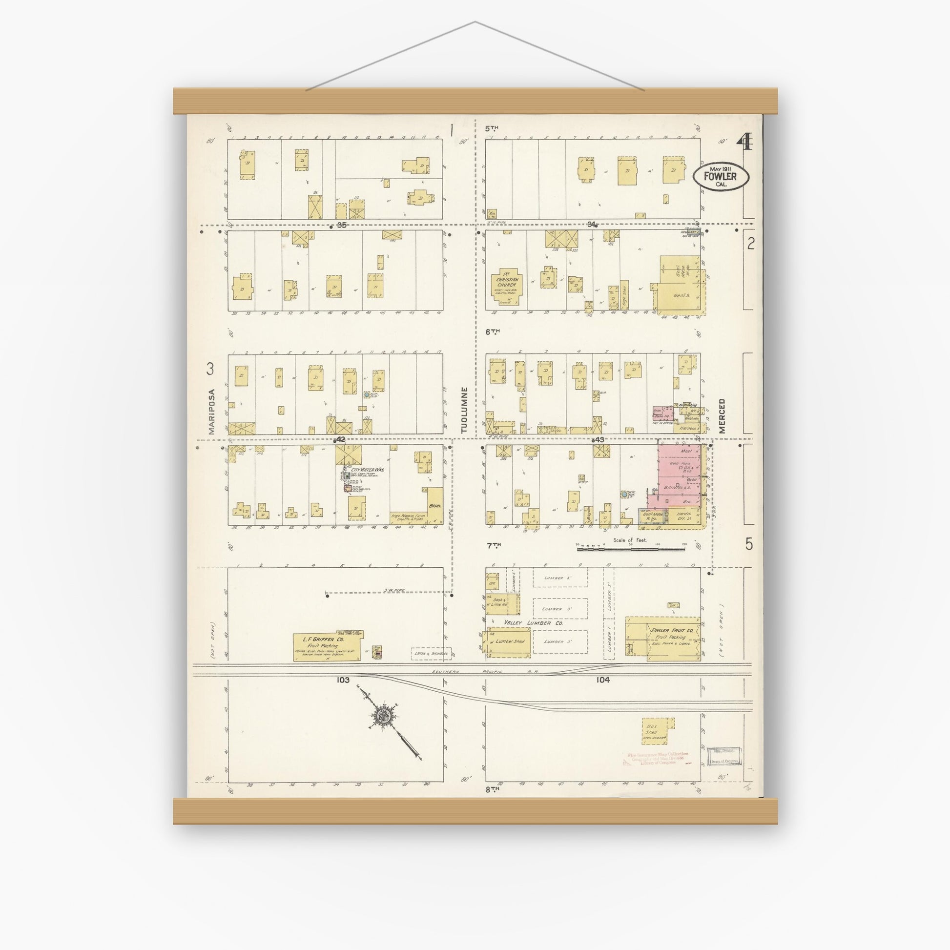 Old map wall art mockup — magnetic wood frame on white wall — Sanborn Fire Insurance Map from Fowler, Fresno County, California (1911), Sheet #0004