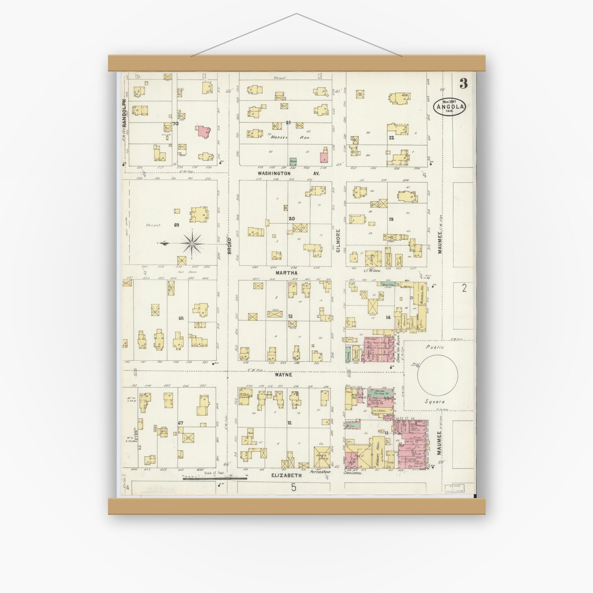 Old map wall art mockup — magnetic wood frame on white wall — Sanborn Fire Insurance Map from Angola, Steuben County, Indiana (1897), Sheet #0003