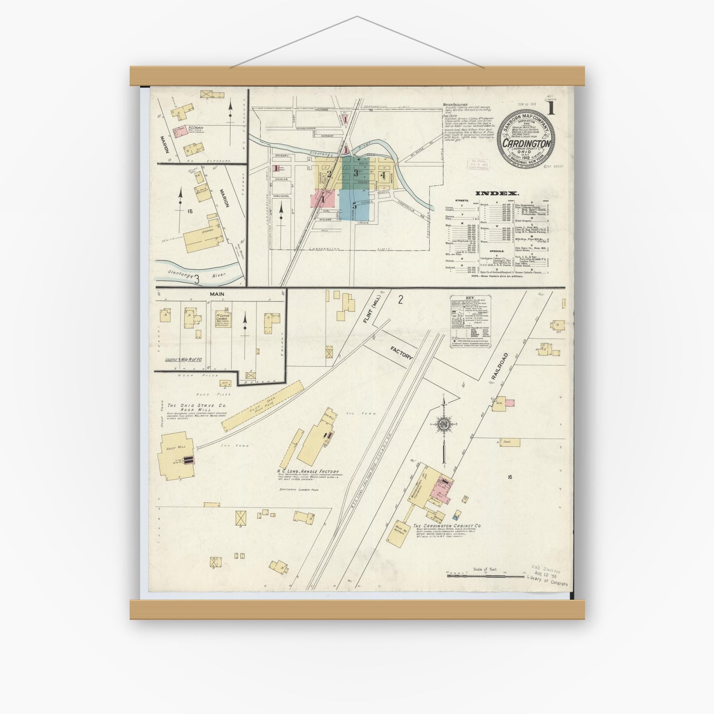 Old map wall art mockup — magnetic wood frame on white wall — Sanborn Fire Insurance Map from Cardington, Morrow County, Ohio (1912), Sheet #0001