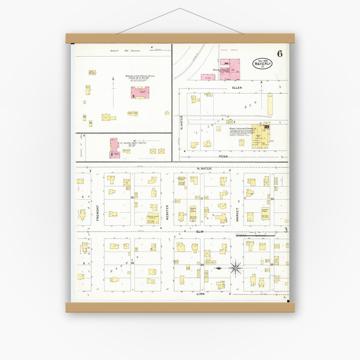 Old map wall art mockup — magnetic wood frame on white wall — Sanborn Fire Insurance Map from Waverly, Bremer County, Iowa (1905), Sheet #0006