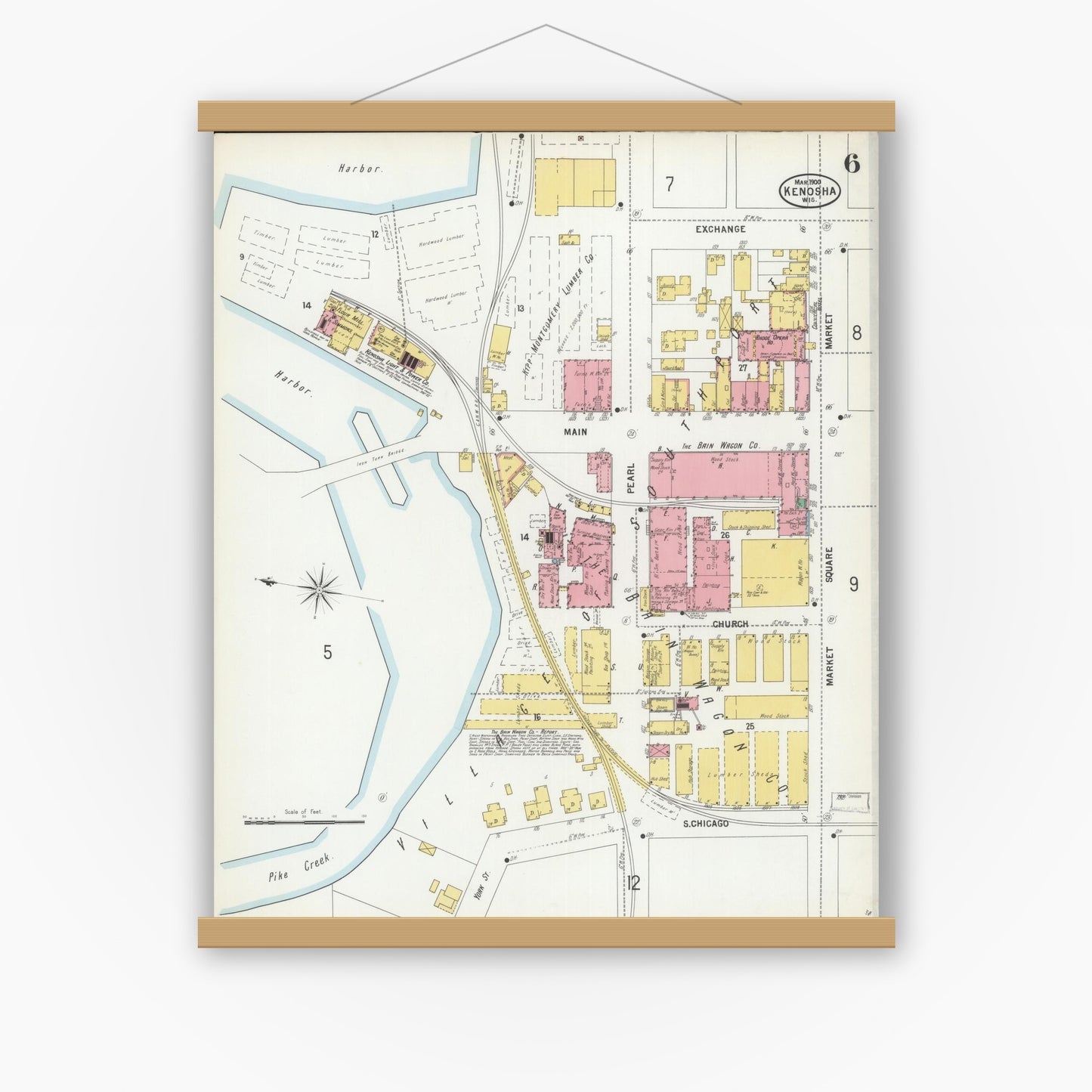 Old map wall art mockup — magnetic wood frame on white wall — Sanborn Fire Insurance Map from Kenosha, Kenosha County, Wisconsin (1900), Sheet #0006