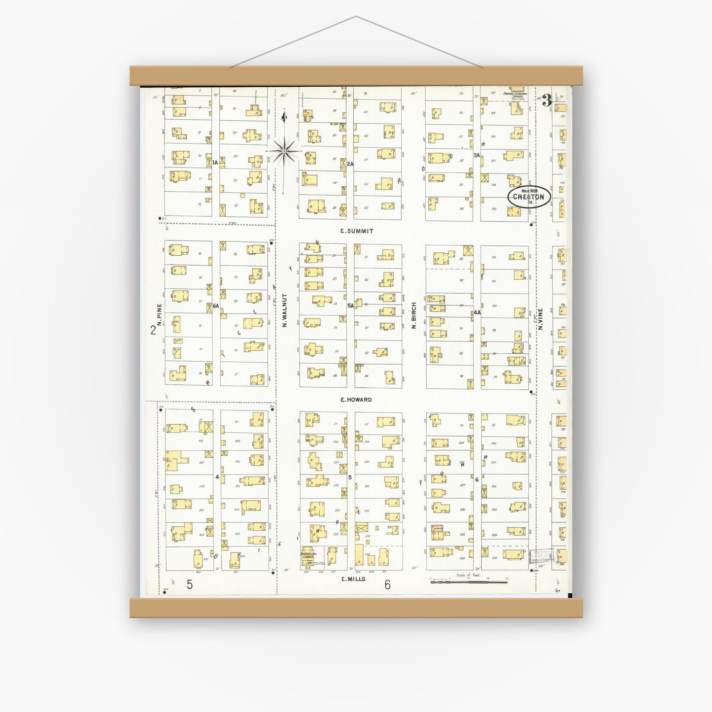 Old map wall art mockup — magnetic wood frame on white wall — Sanborn Fire Insurance Map from Creston, Union County, Iowa (1899), Sheet #0003