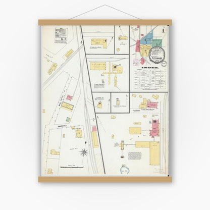 Old map wall art mockup — magnetic wood frame on white wall — Sanborn Fire Insurance Map from Pittsburg, Camp County, Texas (1901) - Complete Map Set