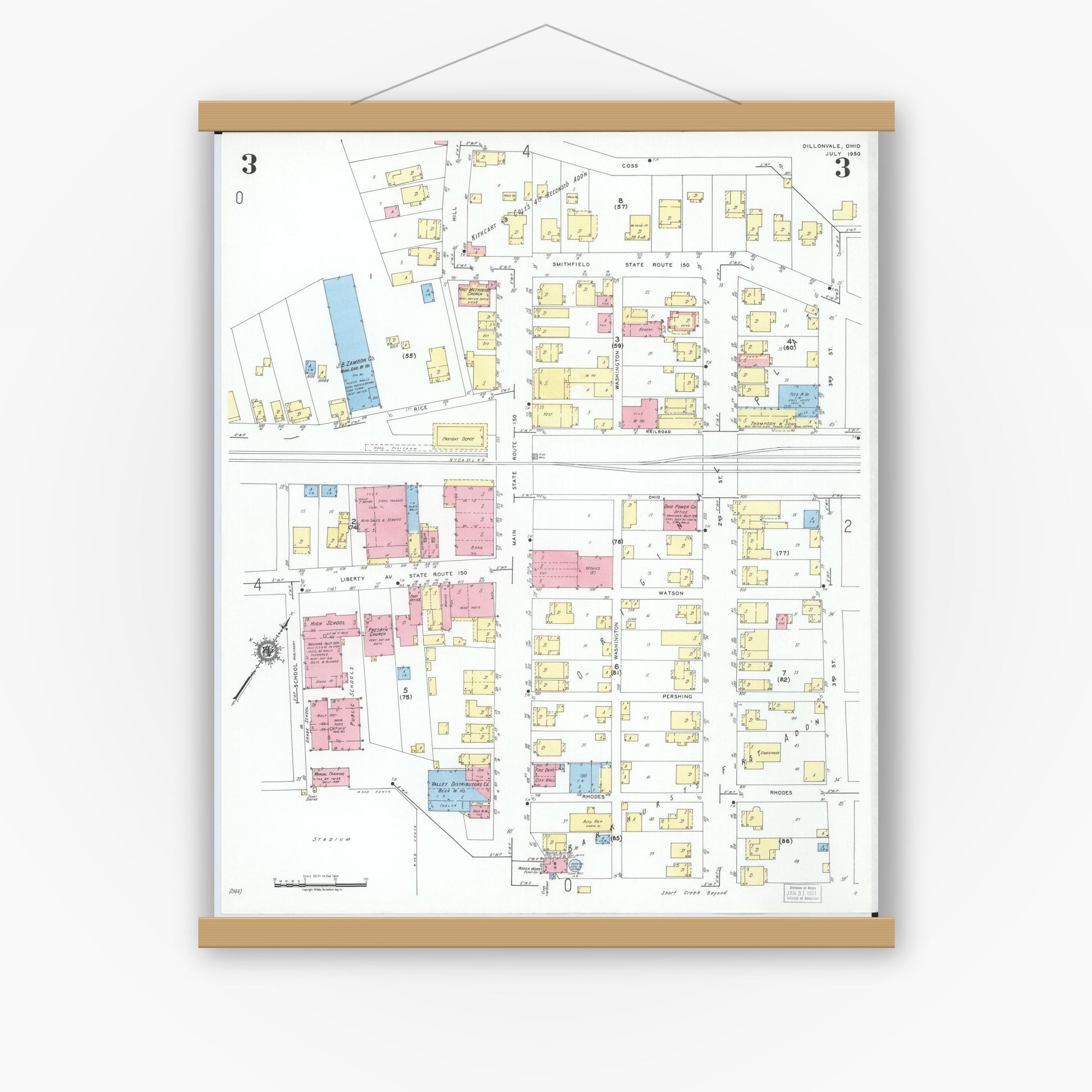 Old map wall art mockup — magnetic wood frame on white wall — Sanborn Fire Insurance Map from Dillonvale, Jefferson County, Ohio (1950), Sheet #0003