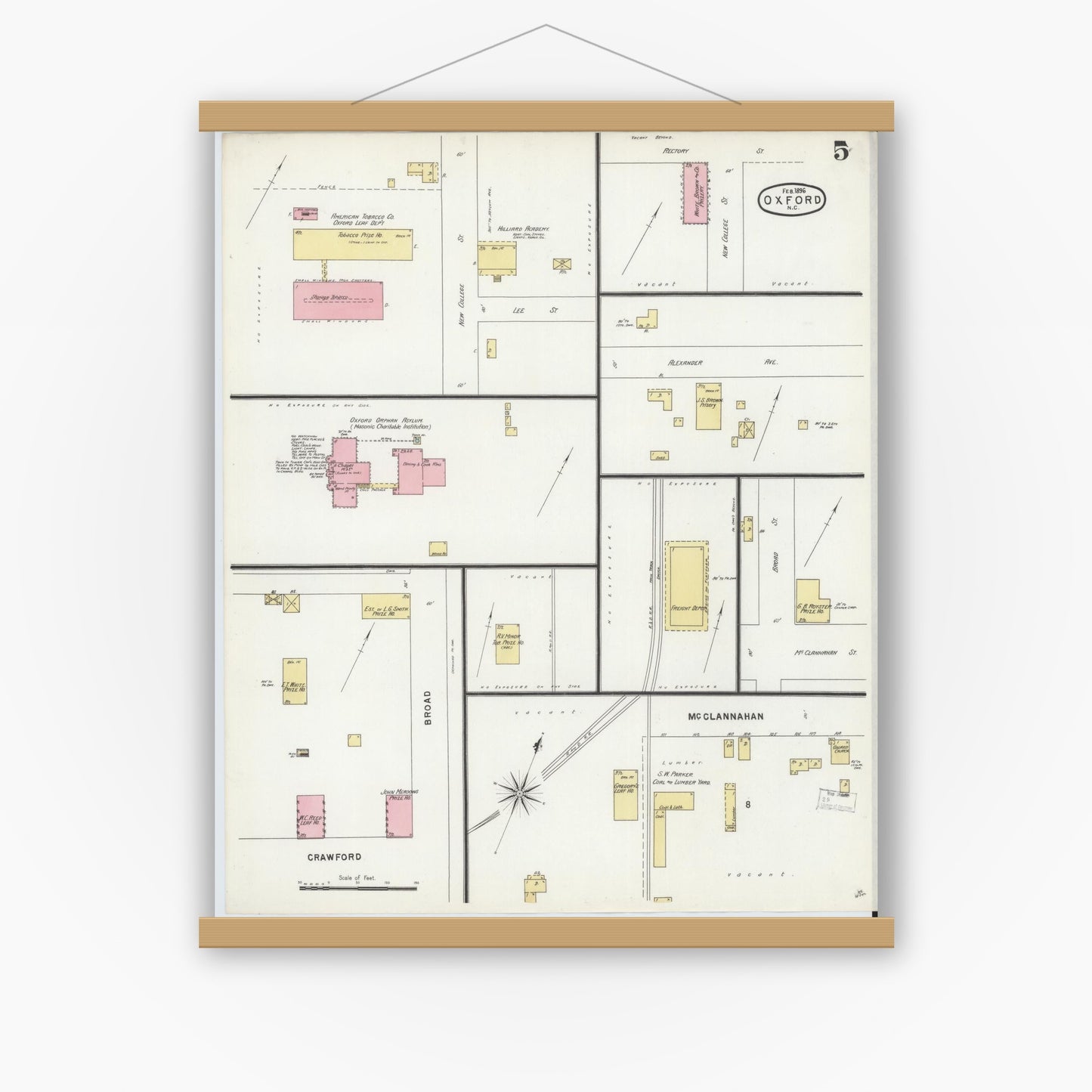 Old map wall art mockup — magnetic wood frame on white wall — Sanborn Fire Insurance Map from Oxford, Granville County, North Carolina (1897), Sheet #0005