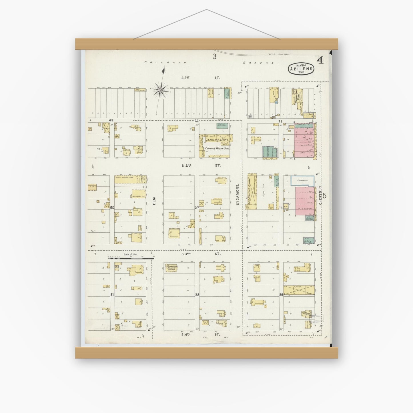 Old map wall art mockup — magnetic wood frame on white wall — Sanborn Fire Insurance Map from Abilene, Taylor County, Texas (1896), Sheet #0004