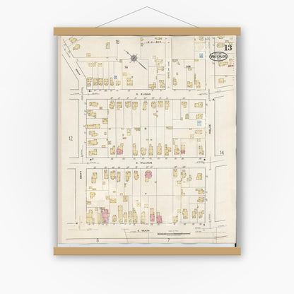 Old map wall art mockup — magnetic wood frame on white wall — Sanborn Fire Insurance Map from Waterloo, Seneca County, New York (1948), Sheet #0013