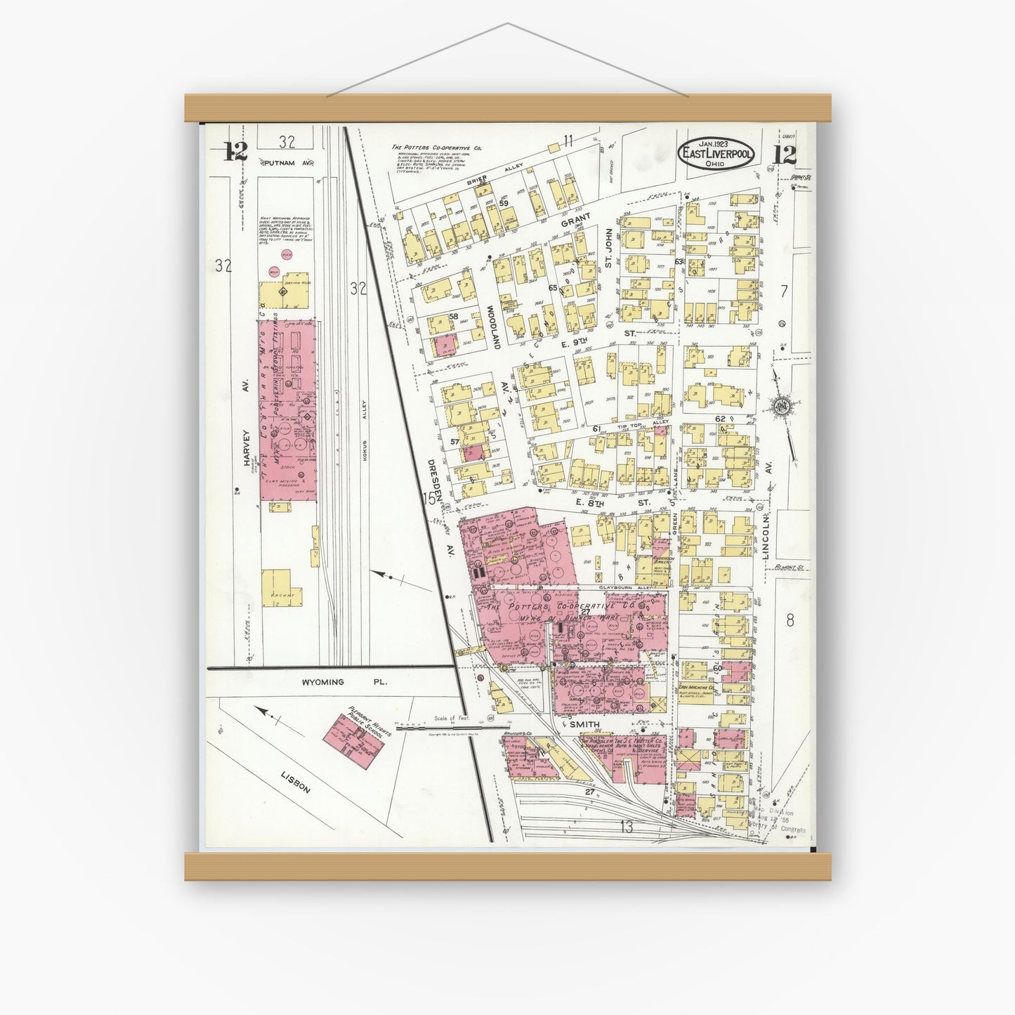 Old map wall art mockup — magnetic wood frame on white wall — Sanborn Fire Insurance Map from East Liverpool, Columbiana County, Ohio (1923), Sheet #0012