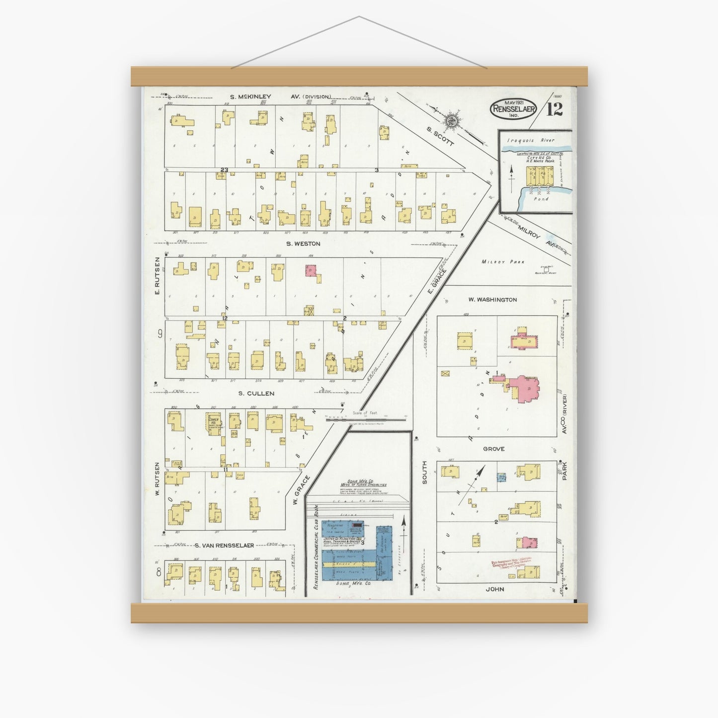 Old map wall art mockup — magnetic wood frame on white wall — Sanborn Fire Insurance Map from Rensselaer, Jasper County, Indiana (1921), Sheet #0012