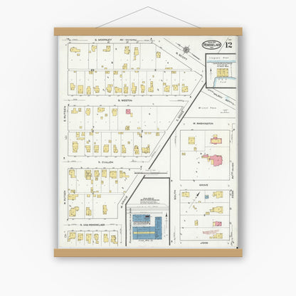 Old map wall art mockup — magnetic wood frame on white wall — Sanborn Fire Insurance Map from Rensselaer, Jasper County, Indiana (1921), Sheet #0012