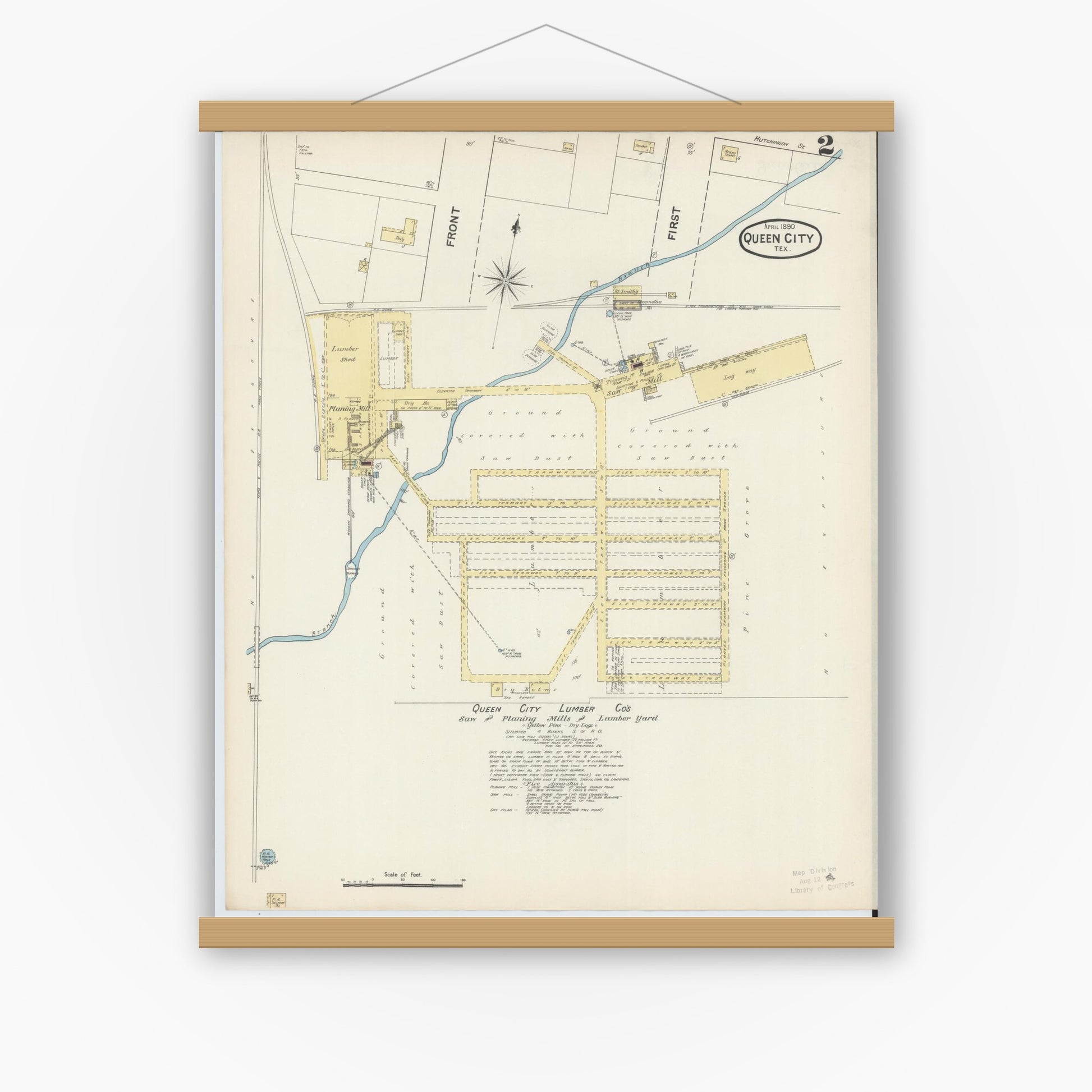 Old map wall art mockup — magnetic wood frame on white wall — Sanborn Fire Insurance Map from Queen City, Cass County, Texas (1890), Sheet #0002