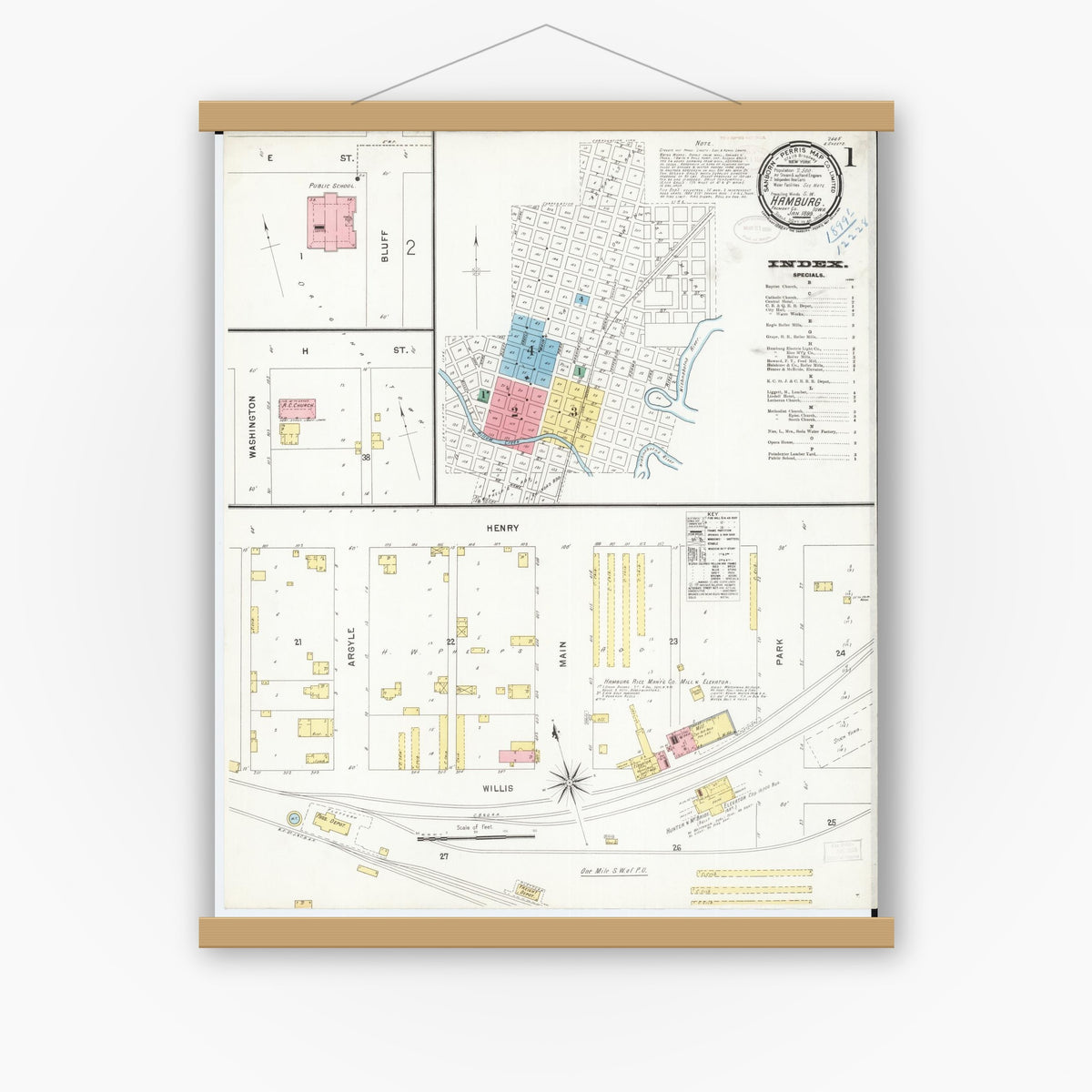 Old map wall art mockup — magnetic wood frame on white wall — Sanborn Fire Insurance Map from Hamburg, Fremont County, Iowa (1899) â€” Complete Set