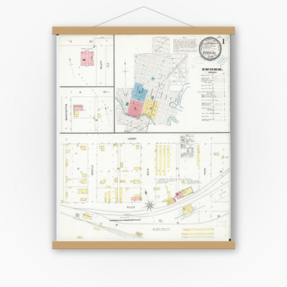 Old map wall art mockup — magnetic wood frame on white wall — Sanborn Fire Insurance Map from Hamburg, Fremont County, Iowa (1899) â€” Complete Set