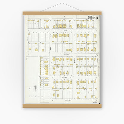 Old map wall art mockup — magnetic wood frame on white wall — Sanborn Fire Insurance Map from Garrett, De Kalb County, Indiana (1901), Sheet #0002