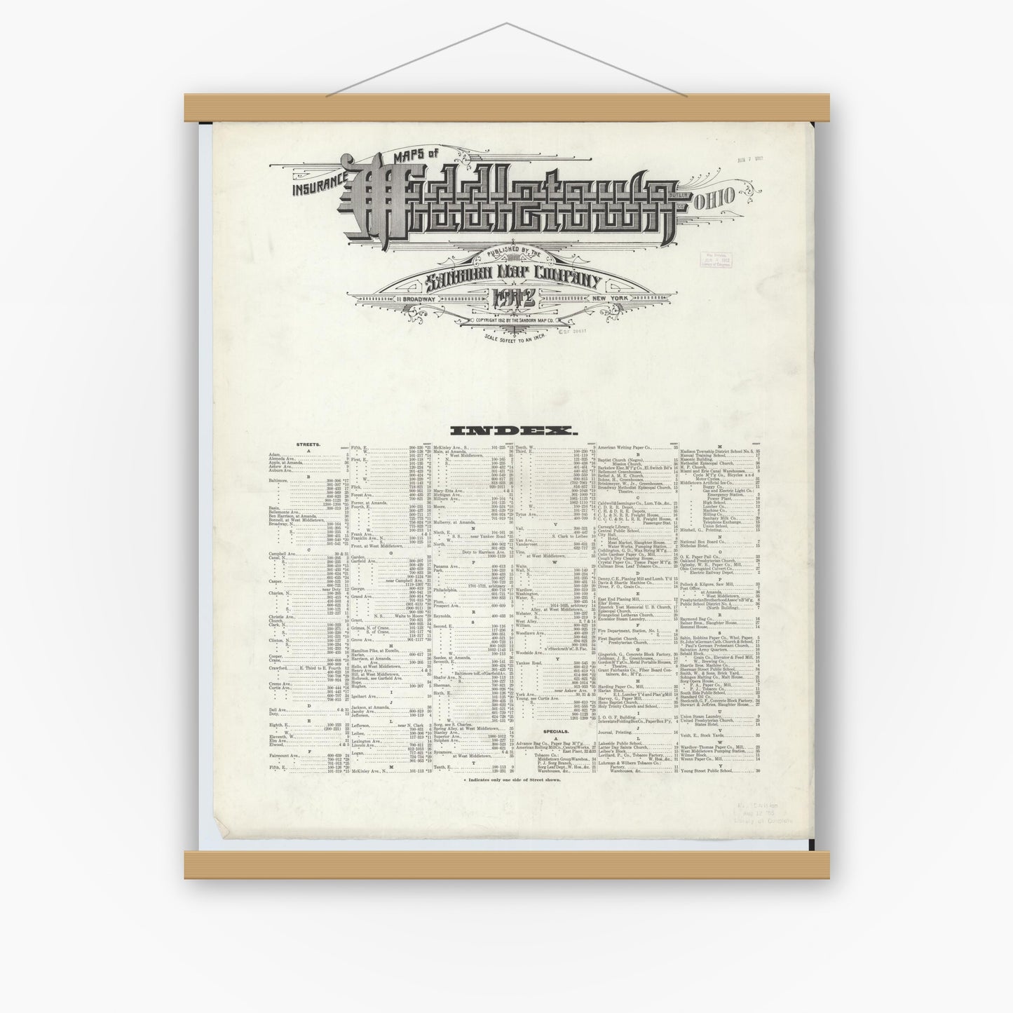 Old map wall art mockup — magnetic wood frame on white wall — Sanborn Fire Insurance Map from Middletown, Butler County, Ohio (1912), Sheet #0001