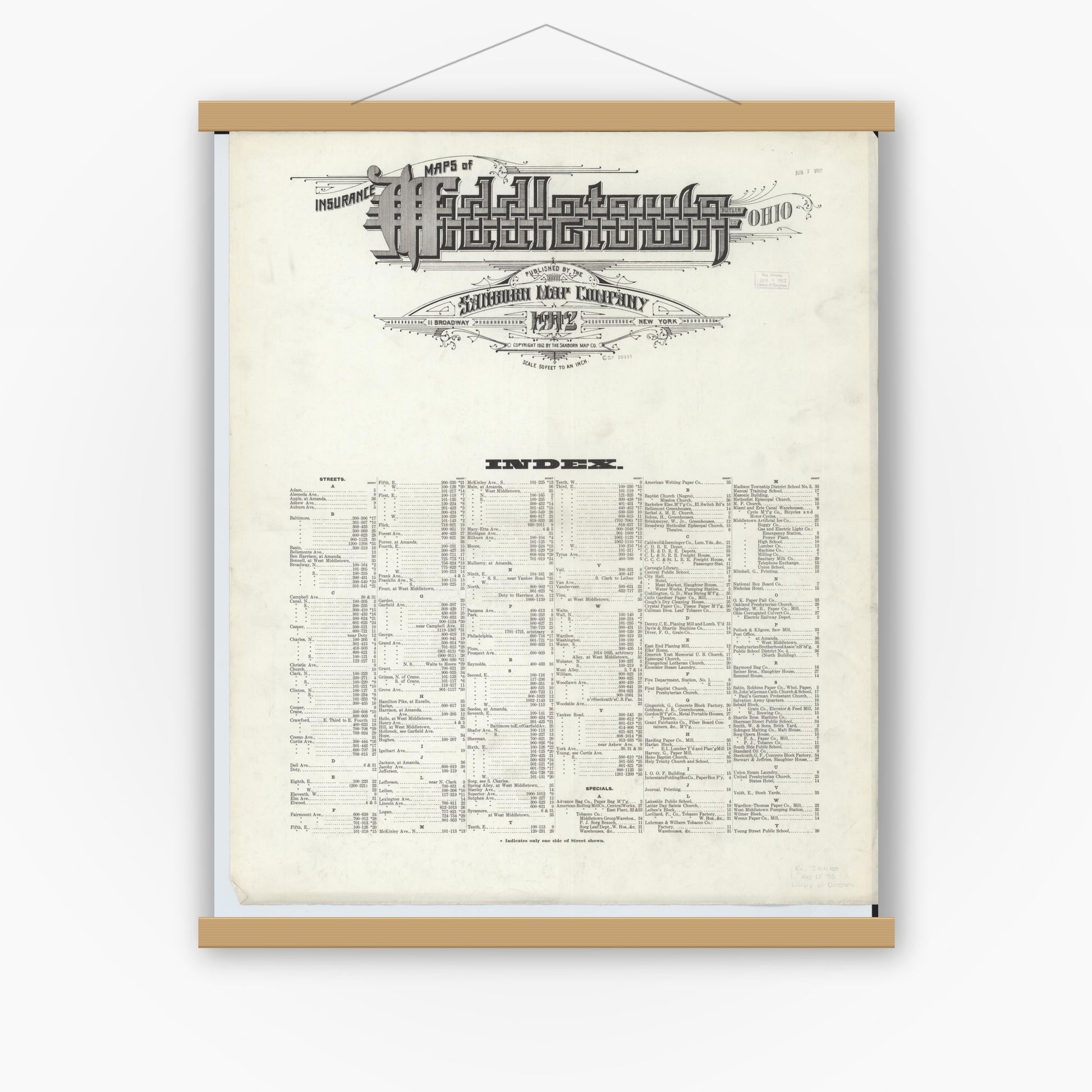 Old map wall art mockup — magnetic wood frame on white wall — Sanborn Fire Insurance Map from Middletown, Butler County, Ohio (1912), Sheet #0001