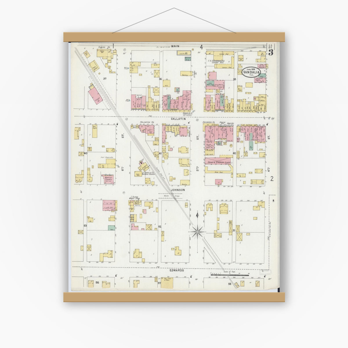 Old map wall art mockup — magnetic wood frame on white wall — Sanborn Fire Insurance Map from Vandalia, Fayette County, Illinois (1898), Sheet #0003