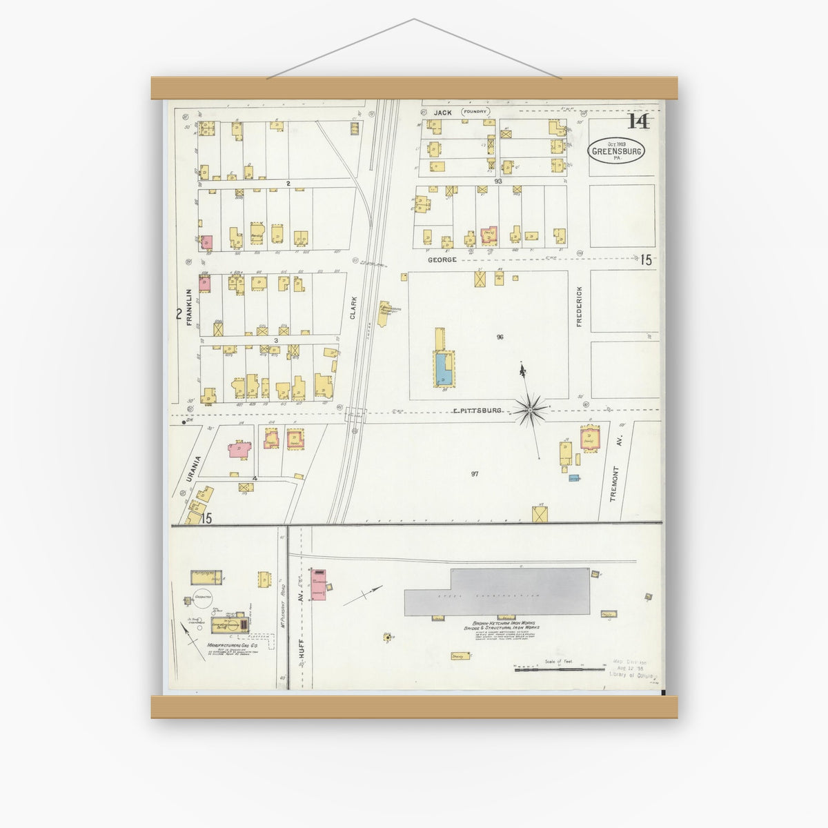 Old map wall art mockup — magnetic wood frame on white wall — Sanborn Fire Insurance Map from Greensburg, Westmoreland County, Pennsylvania (1903), Sheet #0014
