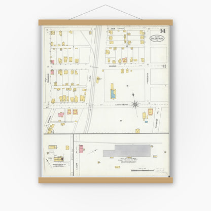 Old map wall art mockup — magnetic wood frame on white wall — Sanborn Fire Insurance Map from Greensburg, Westmoreland County, Pennsylvania (1903), Sheet #0014