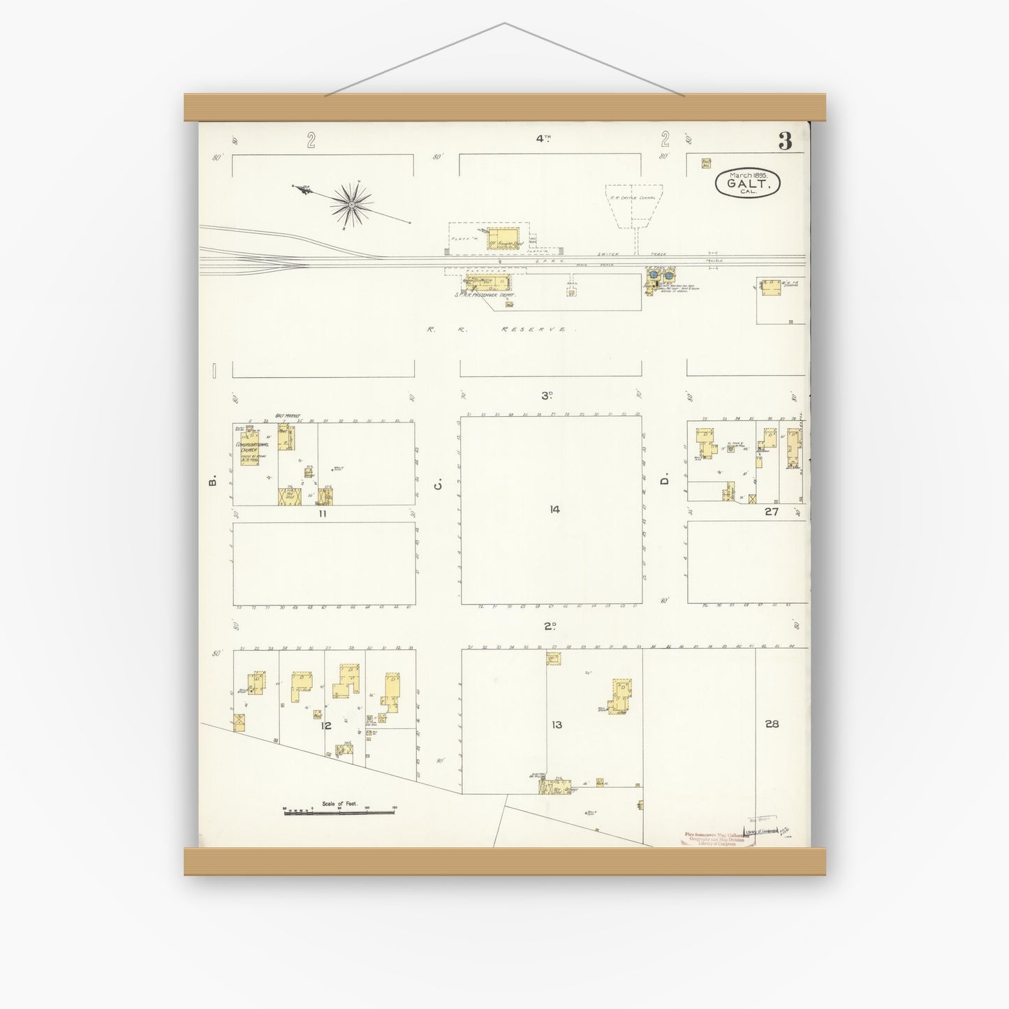 Old map wall art mockup — magnetic wood frame on white wall — Sanborn Fire Insurance Map from Galt, Sacramento County, California (1895), Sheet #0003