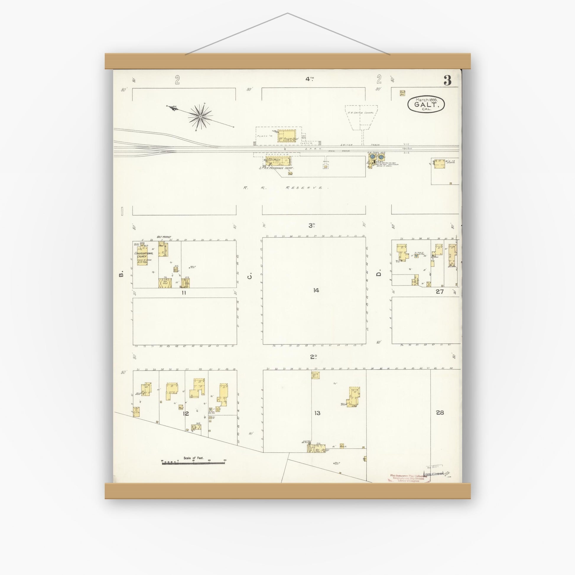 Old map wall art mockup — magnetic wood frame on white wall — Sanborn Fire Insurance Map from Galt, Sacramento County, California (1895), Sheet #0003