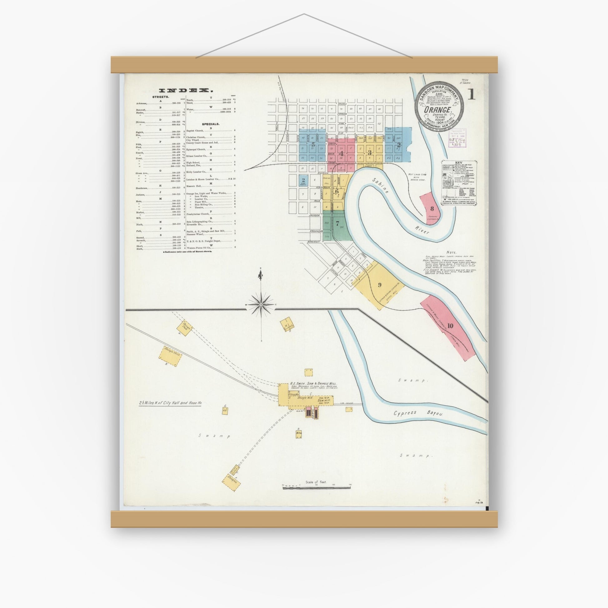 Old map wall art mockup — magnetic wood frame on white wall — Sanborn Fire Insurance Map from Orange, Orange County, Texas (1904), Sheet #0001