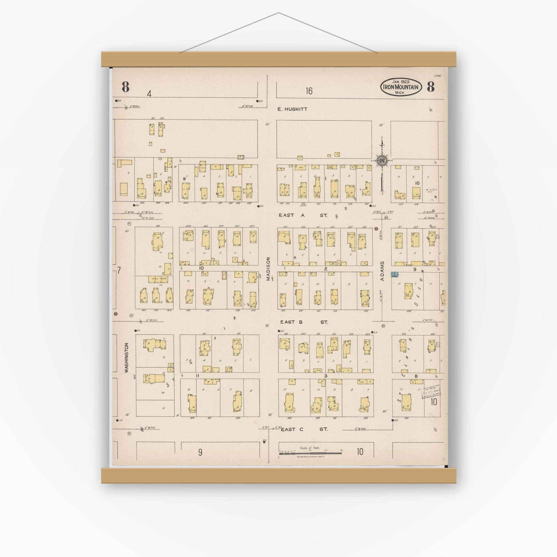 Old map wall art mockup — magnetic wood frame on white wall — Sanborn Fire Insurance Map from Iron Mountain, Dickinson County, Michigan (1923), Sheet #0008