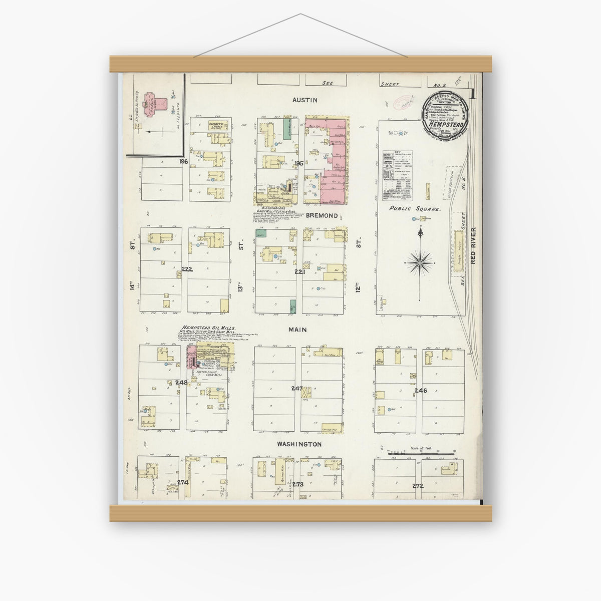 Old map wall art mockup — magnetic wood frame on white wall — Sanborn Fire Insurance Map from Hempstead, Waller County, Texas (1891), Sheet #0001