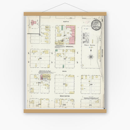Old map wall art mockup — magnetic wood frame on white wall — Sanborn Fire Insurance Map from Hempstead, Waller County, Texas (1891), Sheet #0001