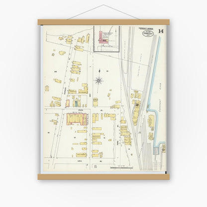Old map wall art mockup — magnetic wood frame on white wall — Sanborn Fire Insurance Map from Conneaut, Ashtabula County, Ohio (1902), Sheet #0014