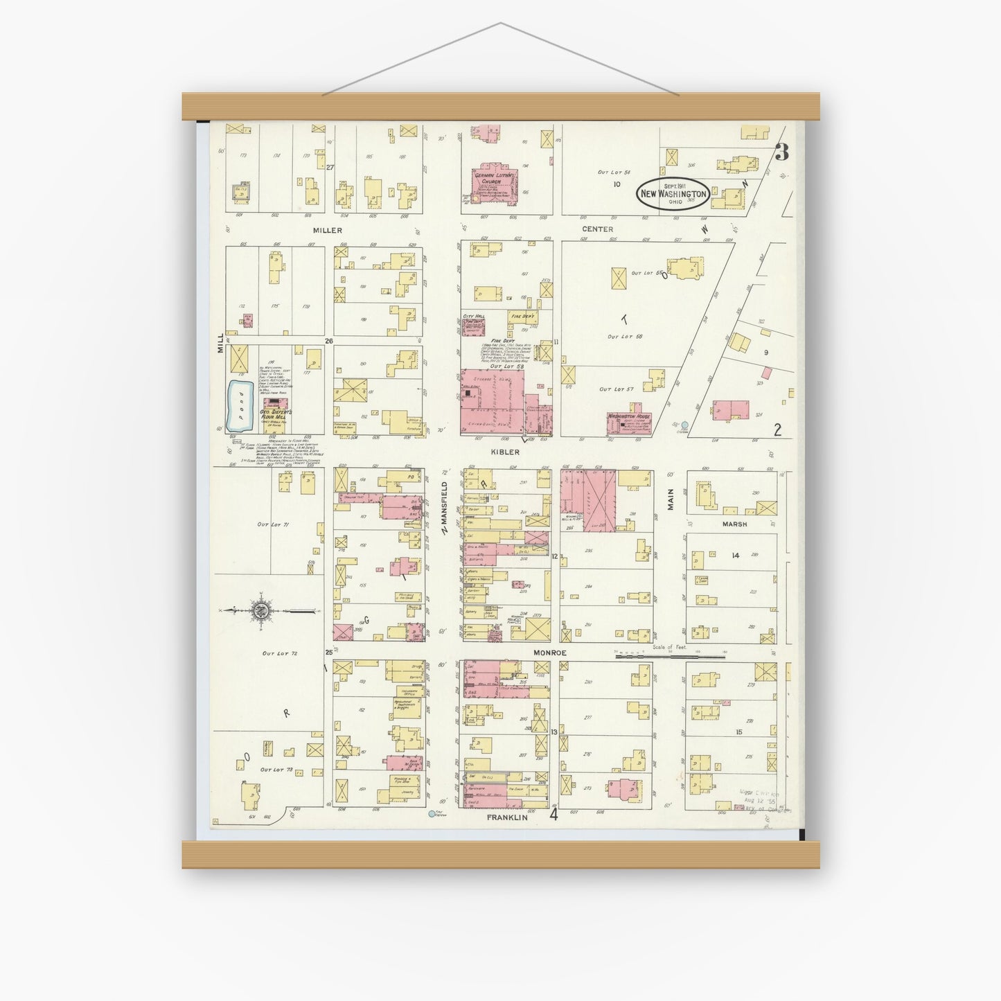 Old map wall art mockup — magnetic wood frame on white wall — Sanborn Fire Insurance Map from New Washington, Crawford County, Ohio (1911), Sheet #0003