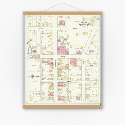 Old map wall art mockup — magnetic wood frame on white wall — Sanborn Fire Insurance Map from New Washington, Crawford County, Ohio (1911), Sheet #0003