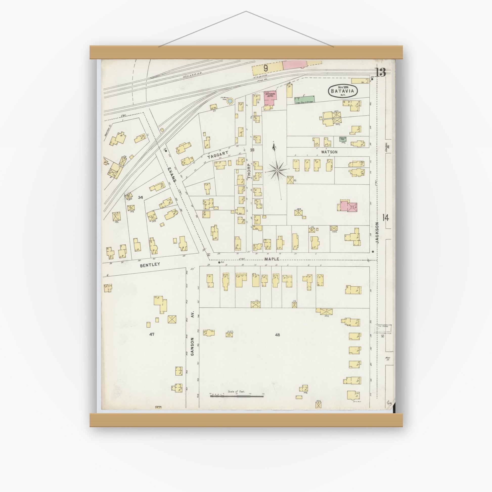 Old map wall art mockup — magnetic wood frame on white wall — Sanborn Fire Insurance Map from Batavia, Genesee County, New York (1896), Sheet #0013