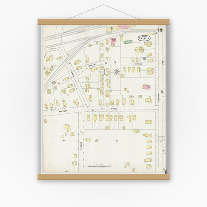 Old map wall art mockup — magnetic wood frame on white wall — Sanborn Fire Insurance Map from Batavia, Genesee County, New York (1896), Sheet #0013