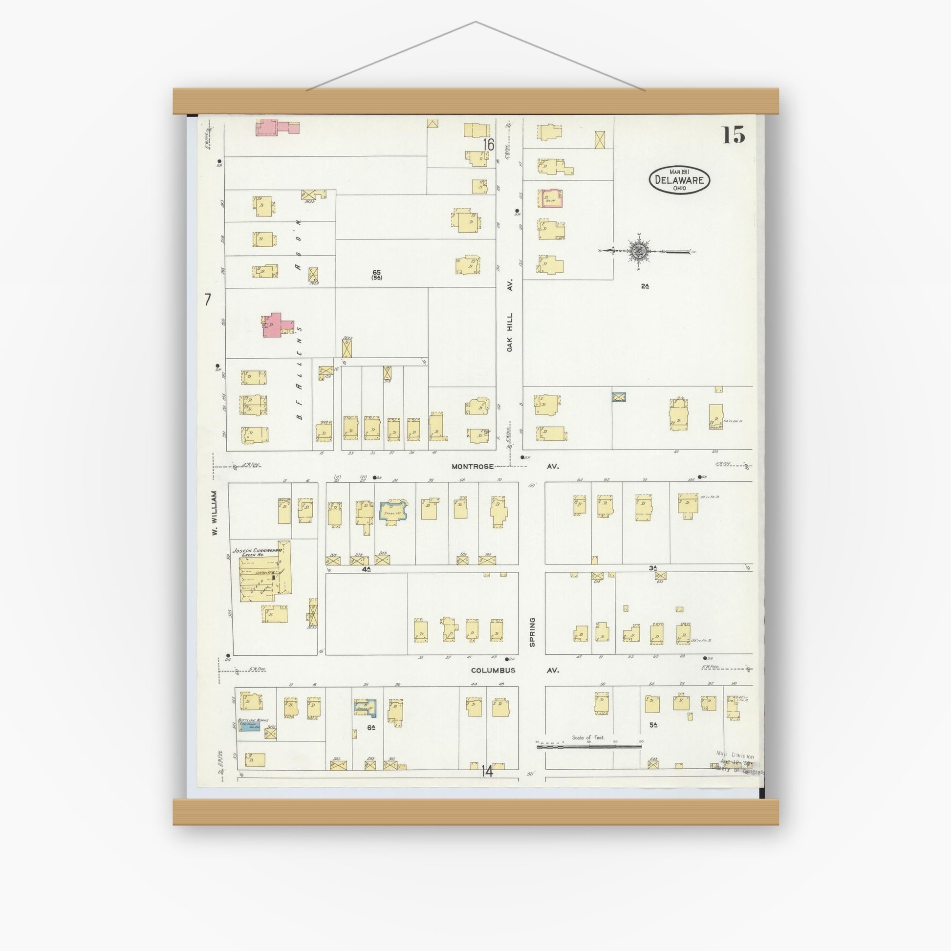 Old map wall art mockup — magnetic wood frame on white wall — Sanborn Fire Insurance Map from Delaware, Delaware County, Ohio (1911), Sheet #0015