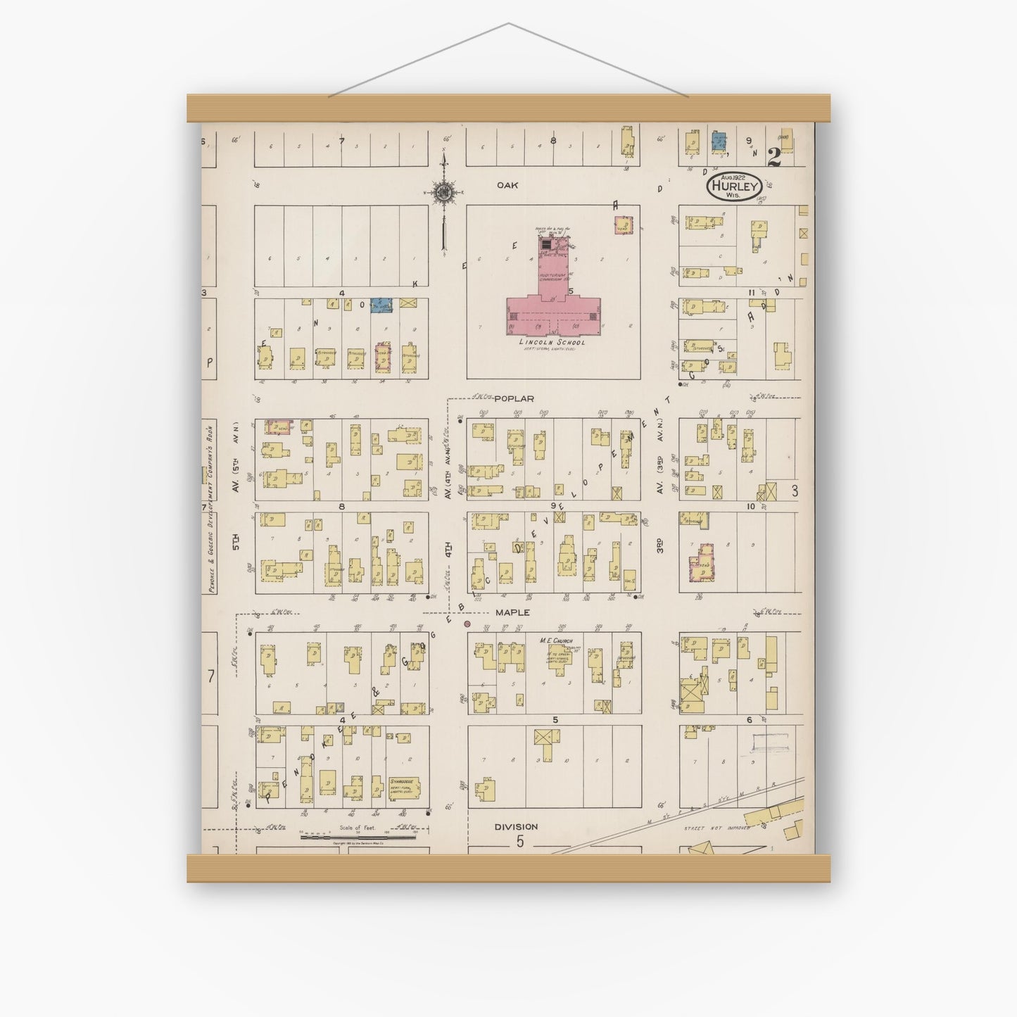 Old map wall art mockup — magnetic wood frame on white wall — Sanborn Fire Insurance Map from Hurley, Iron County, Wisconsin (1922), Sheet #0002